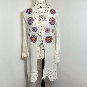OndadeMar White Embroidered Crochet Lace Kimono Cover Up Tunic M‎